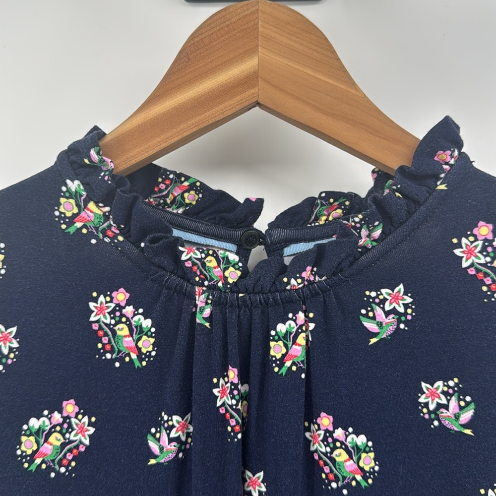 Boden Navy Pretty Bird Floral Clara Long Sleeve Ruffle Neck Jersey Dress - Picture 4 of 9